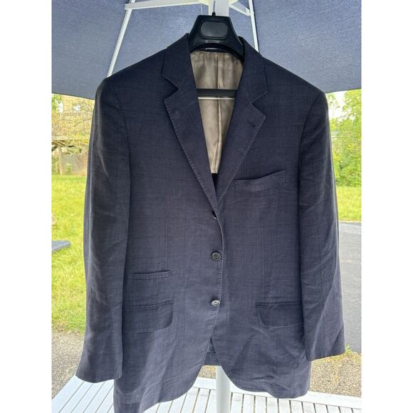 Brunello Cucinelli Linen Blend Sport Jacket Navy Blue Plaid Size 50/40 Italy Men - Picture 1 of 9